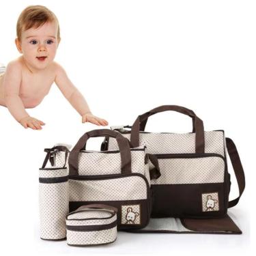 Imagem de Kit Bolsa Maternidade Mochila Bebe Trocador Porta Mamadeira Papinha 5 Pecas Mala Luxo Impermeavel Menina Menino Marrom P