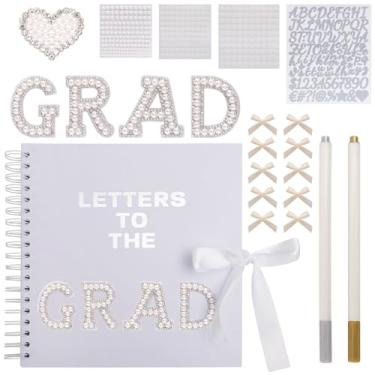 Imagem de BINBE Livro de recortes de 20 x 20 cm Letras para o graduado Livro de Memória Escolar DIY Papel em Branco Álbum de Fotos Placa com Adesivos de Pérola, Letras Metálicas e Laços Brancos