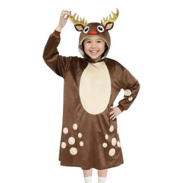 Imagem de ROC PARTY Vestido com capuz de animal divertido para crianças de 4 a 12 anos com capuz para cosplay de Halloween, festas e fantasia de inverno (rena, P (4-6 anos))