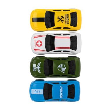 Imagem de Kit De Carrinhos Miniatura De Emergência 4 Unidades Polícia Ambulância Militar E Resgate Plástico Alta Resistência E Design Realista