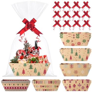 Imagem de Pascliyna Conjunto de 12 cestas de presente de Natal vazias 25 x 18 cm, cestas de papel kraft para presentes de Natal com sacos de celofane e laços vermelhos, embrulho reutilizável para artigos de