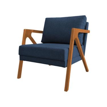 Imagem de Poltrona Mona Monique Luxo Base Madeira Maciça Cerejeira Linho Azul