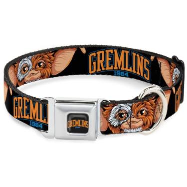 Imagem de Warner Bros. Coleira para animais de estimação, coleira de cachorro fivela de cinto de segurança de metal, Gremlins 1984 Gizmo Face Close Up preta, 38 a 61 cm de largura