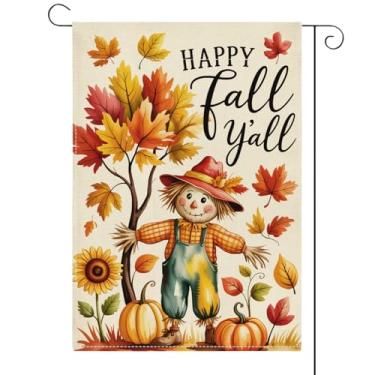 Imagem de Bandeira de jardim de outono para quintal 12x18 vertical dupla face espantalho abóbora outono férias decorações externas jarda de serapilheira Welcom outono rústico bandeira externa