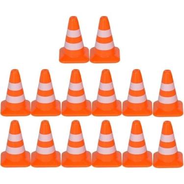 Imagem de 14 peças de mini cones de trânsito, barreiras de estrada de construção laranja, adereços de modelo, placa de cone de bloqueio de estrada, suporte para foto de modelo