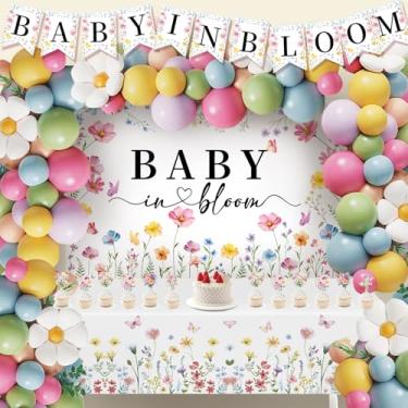 Imagem de Baby in Bloom Decorações de chá de bebê para meninas - Kit de guirlanda de balões com 92 peças, faixa de bebê em flor, pano de fundo, toalha de mesa floral, balões de margarida, topos de bolo e