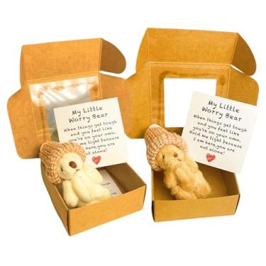 Imagem de QZAVIRE 2Pcs Emotional Support Gift for Adults, Handmade Crocheted Worry Bear with Inspirational Card, Mini Plush Keepsake in Box for Encouragement Desk Decor for Office Friends (White and Brown)