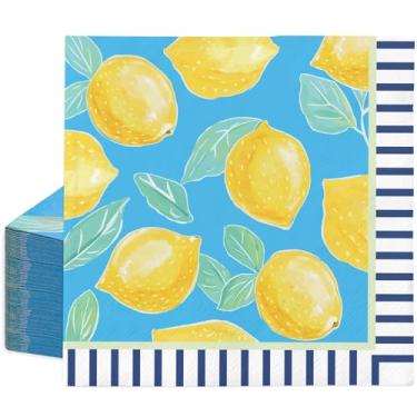 Imagem de Whaline Guardanapos de almoço de limão primavera verão guardanapo de papel descartável borda listrada azul sobremesa jantar guardanapo de mão para casamento chá de bebê aniversário, 50 peças