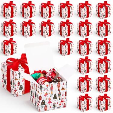 Imagem de Sabary 25 caixas de presente de Natal com tampas, 10 x 10 x 10 cm, caixas de presente kraft de Natal com fitas vermelhas, pequena caixa de presente para festa de casamento de Natal, aniversário