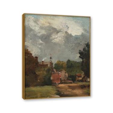 Imagem de Moldura de teca. Arte em tela romantismo estilo constável, (sem título 24), pintura de paisagem inglesa emoldurada, decoração de parede elegante para sala de estar escritório. 80 x 105 cm