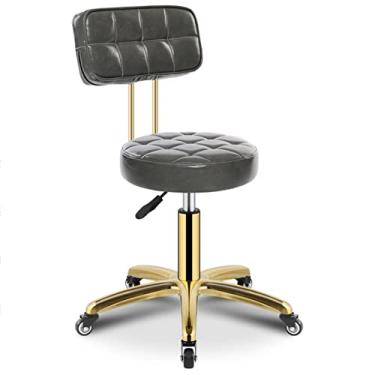 Imagem de BSNANCA Banqueta ajustável de couro PU assento redondo salão de beleza cadeira escritório trabalho banco com encosto e rodas giratórias (cor: cinza) (preto) (cinza)