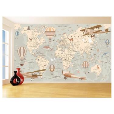 Imagem de Papel De Parede 3D Mapa Mundi Kids Avião Balão 3,5M Nmu93 - Você Decor