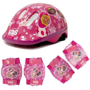 Imagem de Kit Proteção Infantil Princesas Capacete (52-56cm) com Joelheira e Cotoveleira Rosa-Feminino