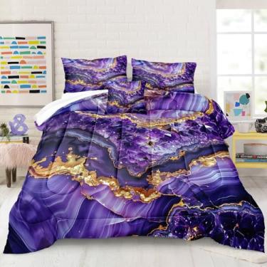 Imagem de Bedbay Conjunto de cama King de ouro roxo, arte abstrata, textura de mármore, pedra diamante, estética, 4 peças, 1 edredom e 2 fronhas 1 capa de almofada