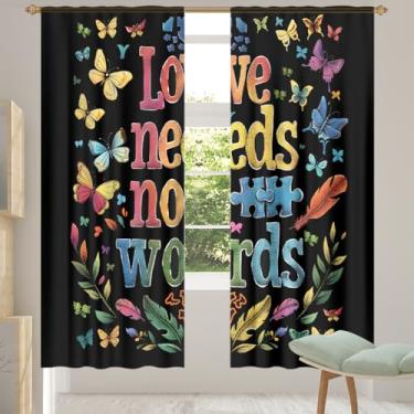 Imagem de 2 conjuntos de painéis com palavras autismo, flores, cortinas transparentes e arejadas, com filtro leve, painéis de cortina de porta e janela para sala de estar, quarto, jantar, 203 cm de comprimento