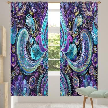 Imagem de 2 conjuntos de painéis de flores Paisley étnicas retrô cortinas transparentes arejadas com filtro leve painéis de cortina leve cortina de porta para janela para sala de estar, quarto, jantar, 198 cm