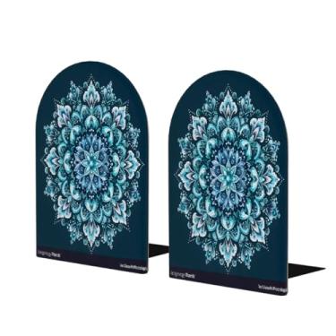 Imagem de Suporte de livros de madeira grande azul étnico mandala decorativo antiderrapante resistente terminais de livros para escritório mesa de escritório casa biblioteca escola estudo decoração divisórias