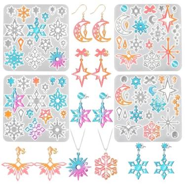 Imagem de Molde de brinco de resina de floco de neve, 6 peças de molde de silicone de floco de neve para fundição de resina, kit de moldes de silicone com furos, brincos, colar, pingente, chaveiros, decoração