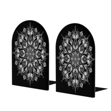 Imagem de Mandala flor preta grande suporte de livros de madeira decorativo antiderrapante resistente terminais de livros para escritório mesa de escritório casa biblioteca escola estudo decoração divisórias de