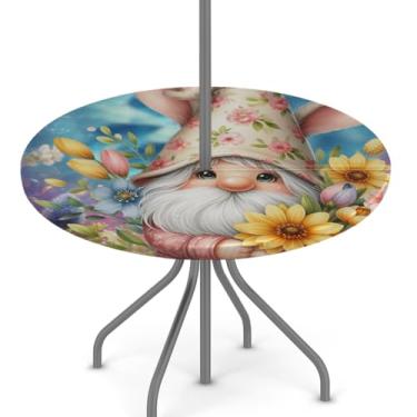 Imagem de hongjinglin Toalha de mesa de Páscoa para uso ao ar livre com orifício para guarda-chuva, toalha de mesa redonda elástica com zíper, impermeável, limpável, para piquenique, festa, pátio, serve para