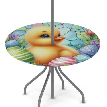 Imagem de hongjinglin Toalha de mesa de Páscoa para uso ao ar livre com orifício para guarda-chuva, toalha de mesa redonda elástica com zíper, impermeável, limpável, para piquenique, festa, pátio, serve para