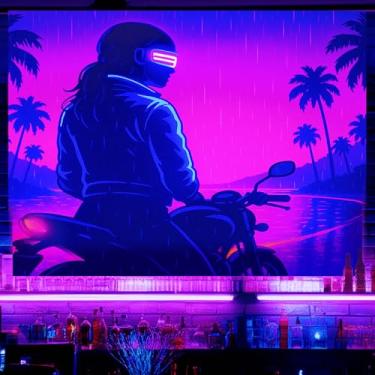 Imagem de BlissYard Tapeçaria Neon Motociclista Luz Negra Retrô UV Reativo Motocicleta Pôr do Sol Pendurar na Parede para Sala de Estar Quarto Dormitório Arcade Bar Festa Decoração Legal 198 x 159 cm