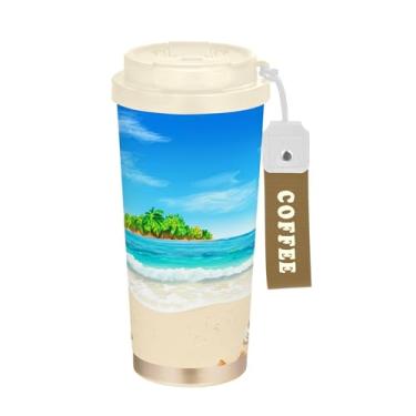 Imagem de SEHANY Caneca de viagem Summer Sea Beach Starfish 482 g Copos de café reutilizáveis revestidos de cerâmica com tampa à prova de vazamento, parede dupla, isolamento a vácuo, copo de café de aço