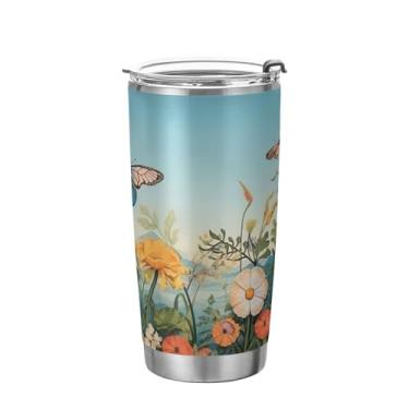 Imagem de xigua Copo de flores silvestres de jardim aquarela com tampa de palha, caneca de viagem a vácuo de parede dupla, caneca de café bem isolada, copo de aço inoxidável para bebidas quentes e frias, 600 ml