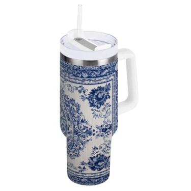 Imagem de Blueangle Copo isolado de 1,134 g com alça e tampa de canudo - Caneca de viagem de aço inoxidável à prova de vazamento, garrafa de água estilo porcelana azul e branca a vácuo de parede dupla (782)