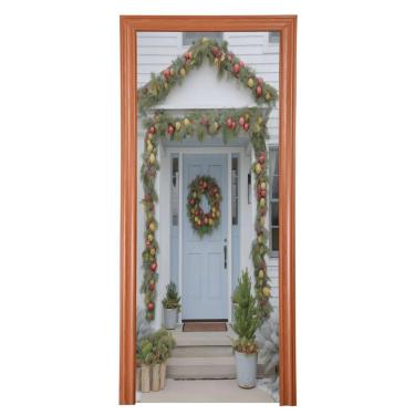 Imagem de ATTX Capa para porta da frente da guirlanda de Natal - Decoração de férias de tecido elástico lavável para festas, casa, decoração de porta da frente, 91 x 242 cm (122)