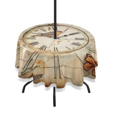 Imagem de GUIJI Toalha de mesa redonda de relógio e pássaro com orifício para guarda-chuva e zíper para sala de jantar, festa e piquenique ao ar livre - 152 cm