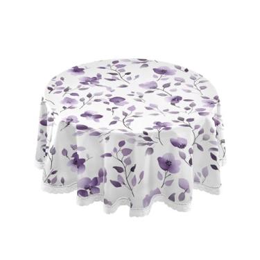 Imagem de SEHANY Elegante toalha de mesa redonda com flores roxas, 152 cm, tecido lavável sem rugas, toalha de mesa redonda com renda decorativa para restaurante, casamento, acampamento, festa Fiesta Cinco de