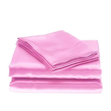 Imagem de Conjunto de lençóis de cetim 100% seda pura Bedify, 4 peças, lençol de seda com elástico de 38 cm de profundidade, lençol plano de seda e conjunto de fronhas!! !, rosa, Full