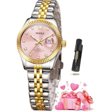Imagem de OLEVS Relógios femininos luxuosos, elegantes, de aço inoxidável, à prova d'água, luminosos, diamantes, modernos, relógios femininos para pulsos pequenos, 3705 - dois tons de rosa, relógio feminino