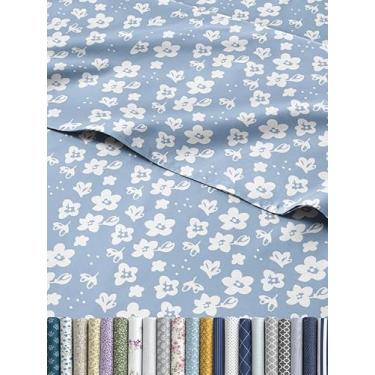 Imagem de Jogo de lençol de cama floral azul - 1 lençol de cima, 1 elástico e 2 fronhas com bolsos profundos - confortável, sem rugas e desbotamento - roupa de cama botânica Boho - ultramacio, respirável e