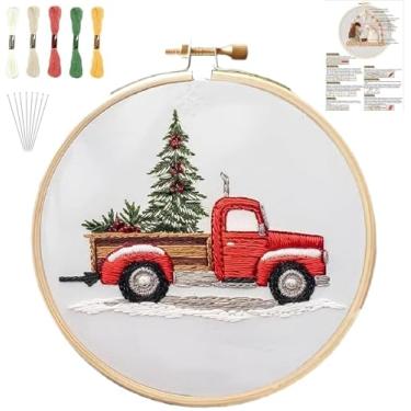 Imagem de YOUDRN Kits de bordado de Natal, kits de bordado de caminhão de Natal para adultos, kit de bordado para iniciantes com padrão, fios de algodão, agulhas, instruções, aro de 20 cm, para decoração de