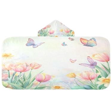 Imagem de Burbuja Tulipas Narcisos Toalha de Banho com Capuz para Crianças, Toalha de Praia de Pelúcia Macia Absorvente para Meninas Meninos Chuveiro 3-10 anos, 61 x 127 cm