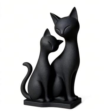 Imagem de Poranlem Duas lindas estátuas de gato preto, estatuetas de decoração de casa, mini escultura de gato, ideal como presente para amantes de gatos pretos para decoração de interiores, casamento ou casais