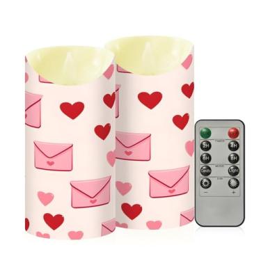 Imagem de Wassud Pacote com 2 envelopes e corações vermelhos velas sem chama com controle remoto, velas realistas cintilantes com temporizador, velas decorativas para Natal, casamento, festa, decoração de casa
