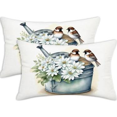 Imagem de Conjunto de 2 capas de almofada lombar com flores de pássaros, 30 x 50 cm, regador de dupla face, pardal, floral, decorativo, capas de almofada para primavera, verão, fazenda, jardim, decoração de