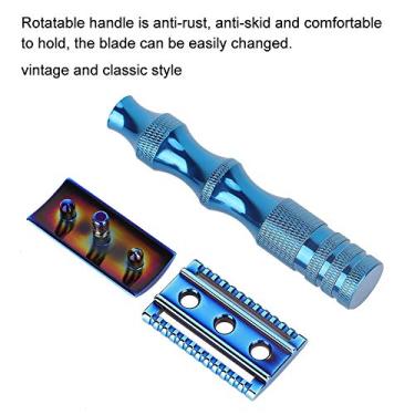Imagem de Semme Clássico Masculino Anti Skid Metal Lidar Com Lâmina Dupla Barbeador Estilo Vintage Navalha Manual para Barbear Suave Azul Preto Colorido 4x2.5x9.5cm (Azul)