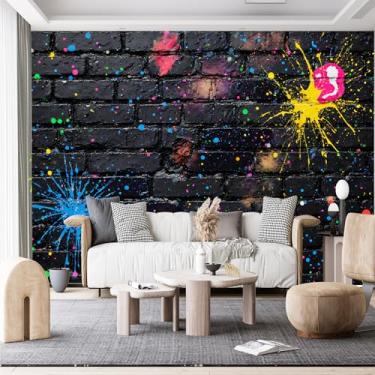 Imagem de Murais de parede de tamanho personalizado, parede de tijolo preto, respingos de tinta colorida, tecido de parede autoadesivo (sem PVC) Papel de parede grande removível para sala de estar, quarto