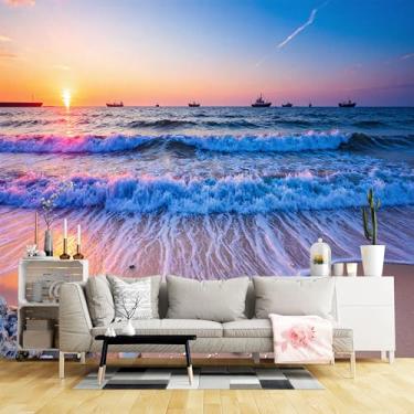 Imagem de Murais de parede de tamanho personalizado, praia pôr do sol estrelas do mar ondas navios tecido de parede autoadesivo (sem PVC) papel de parede grande removível para sala de estar, quarto, escritório
