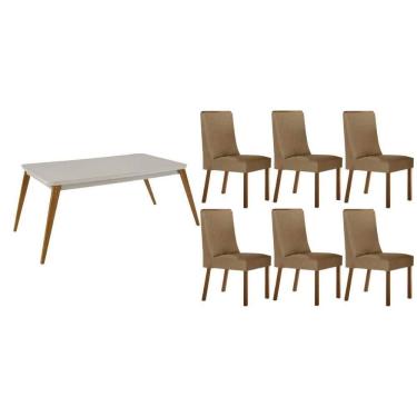 Imagem de Sala Jantar Mesa Havana Tampo c/ Vidro Curvo 180cm+6 Cadeiras Dakota Madeira Naturale/Off White - Capuccino/Linho Bege - Rufato