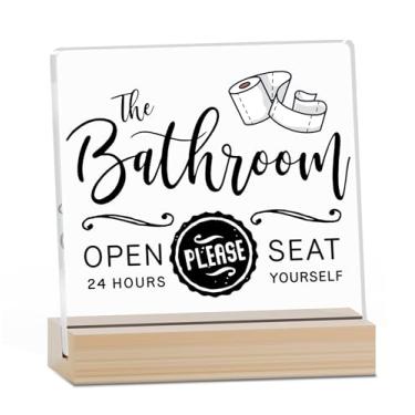 Imagem de Placa acrílica para decoração de banheiro com suporte de madeira, o banheiro aberto 24 horas por favor sente-se, placa de citação de banheiro de fazenda para banheiro, banheiro, decoração de casa