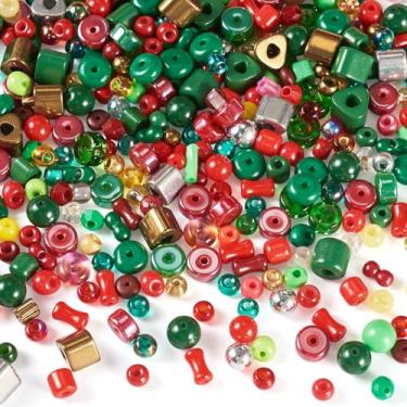 Imagem de KISSITTY Contas de vidro com tema natalino de 50 g a granel pequenas opacas vermelhas verdes redondas formas mistas contas espaçadoras soltas para fazer joias, artesanato, pulseira, colar, brincos
