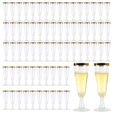 Imagem de TAICHEUT Pacote com 100 taças de champanhe de plástico, taças de champanhe com borda dourada de 142 g, copos de brinde de plástico transparente para bar Mimosa, noivado, aniversário, casamento