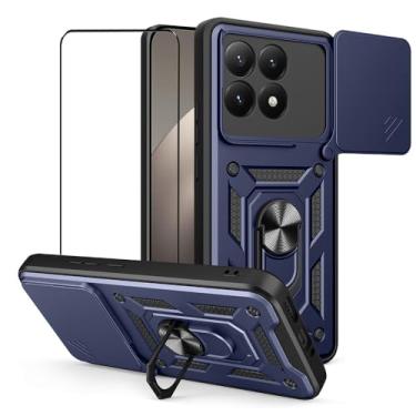 Imagem de CNPUTAO Capa para Xiaomi 15T / Mi 15T 5G com protetor de tela de vidro temperado, janela deslizante para câmera, suporte, capa de telefone de camada dupla antiarranhões à prova de choque, azul