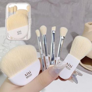 Imagem de 6 peças/conjunto de mini pincéis de maquiagem com capa, pincéis de base macios e portáteis, adequados para viagens, não absorventes, uso seco e molhado, perfeito para maquiagem diária (branco)