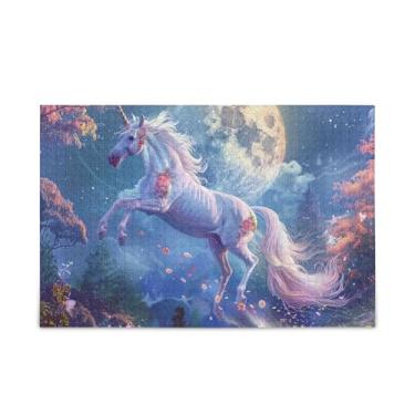 Imagem de Quebra-cabeça de unicórnio com cena noturna estrelada, 500 peças, presente faça você mesmo, com bolsa de armazenamento de malha, quebra-cabeça engraçado para adultos